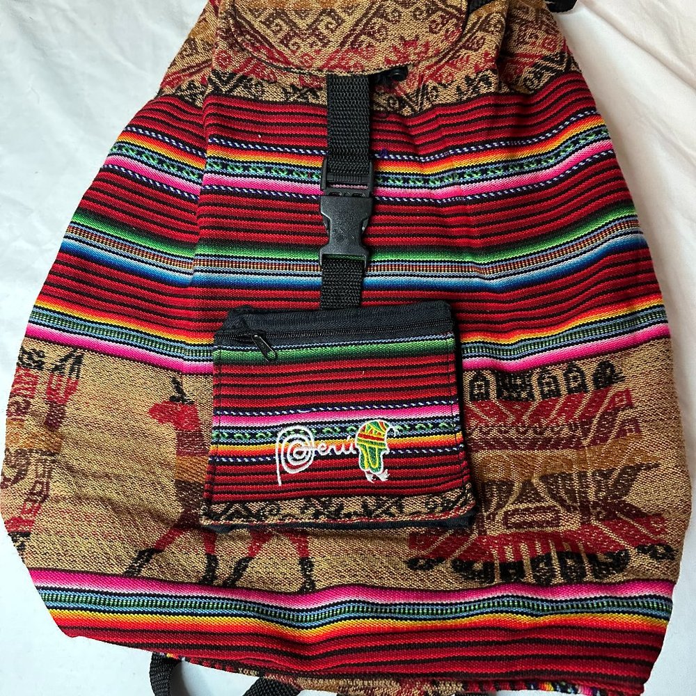 Peruvian Andean Fabric Backpack Multicolored - Peru Logo Design Front Pocket